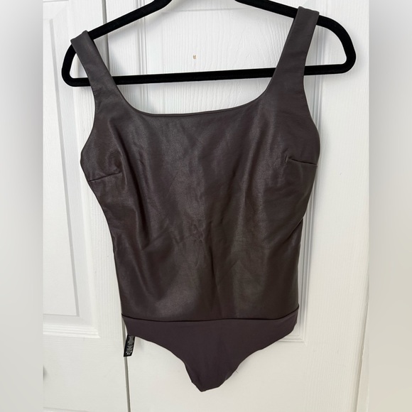 SKIMS Faux Leather Bodysuit Dark Brown Square Neck Sculpting Minimalist size L - Picture 3 of 6